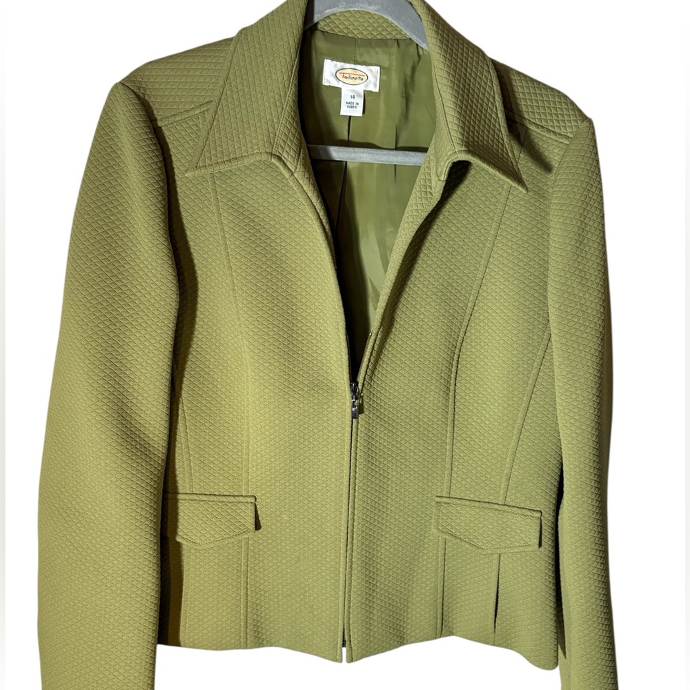 Talbots olive green Lined zip front Collared waist length Jacket